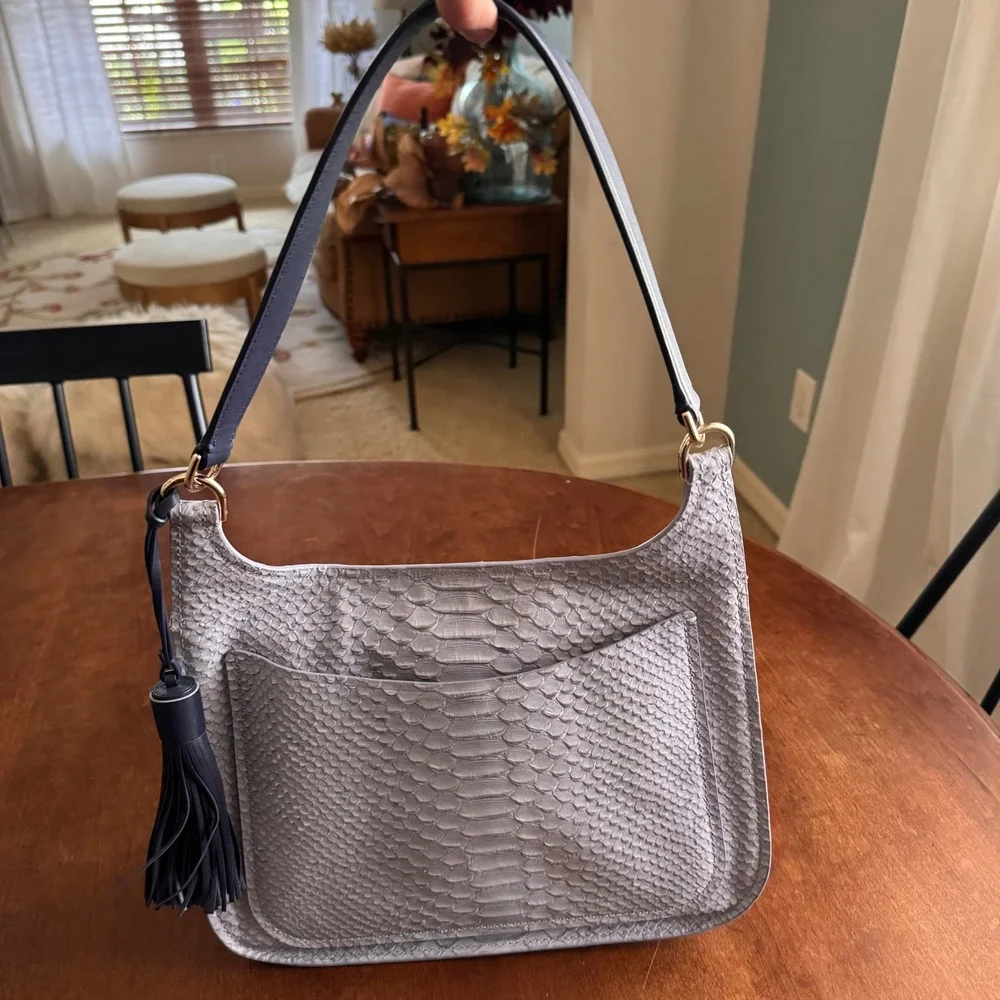 Kate Spade New York Gray Snakeskin Embossed Leather Flap‎ Hobo Shoulder Bag